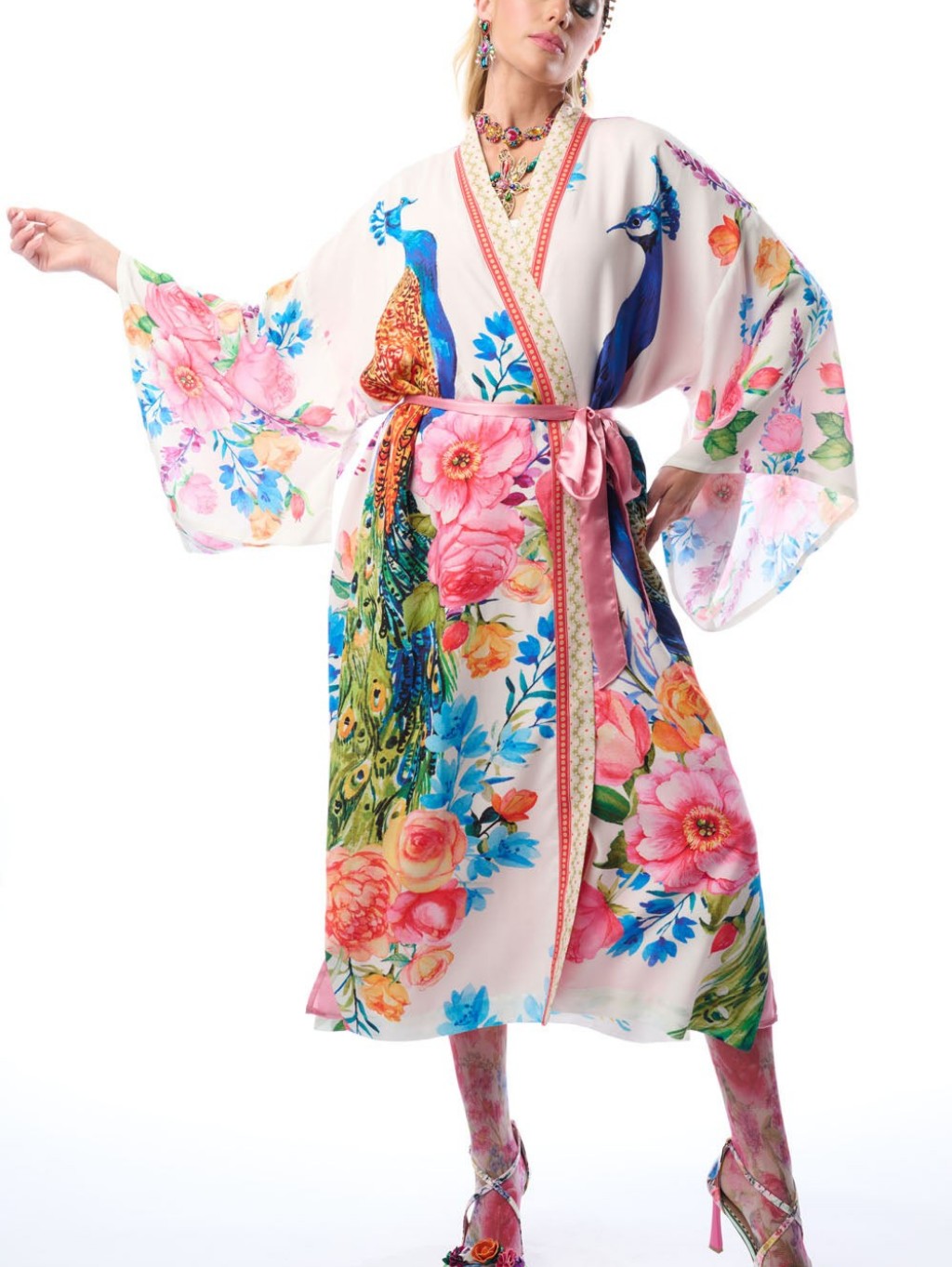 Aratta Blossom Fantasy Kimono White With Peacock Nwt One Size